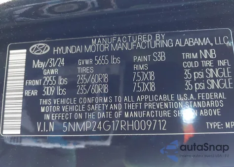 2024 Hyundai Santa Fe Hybrid Sel из США, поврежденный, VIN 5NMP24G17RH009712